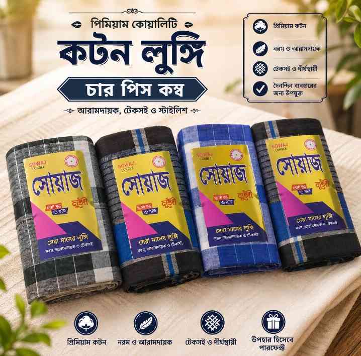 ৪ পিস প্রিমিয়াম কটন লুঙ্গি কম্বো | নরম ও আরামদায়ক চেক লুঙ্গি