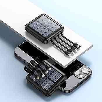 10000mAh Solar Power Bank with 4 Built-in Cables, Dual USB Ports & LED Torch
