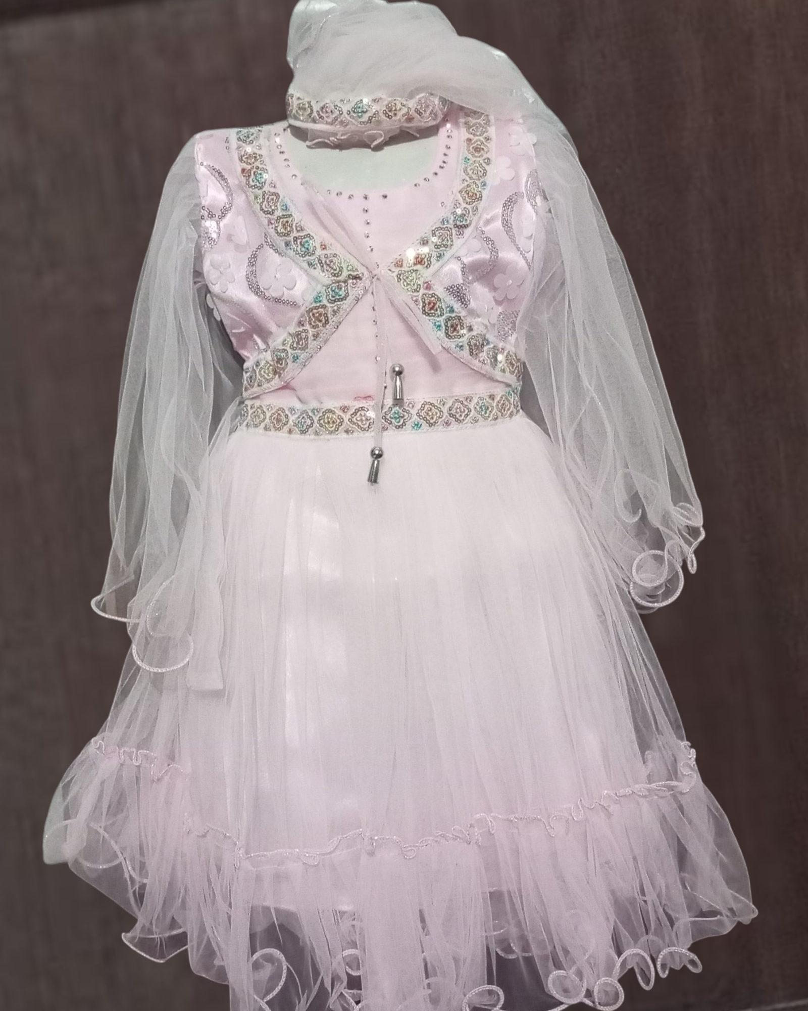 Kids Party Dress with Head Band & Dupatta | AC Net Beaded Dress