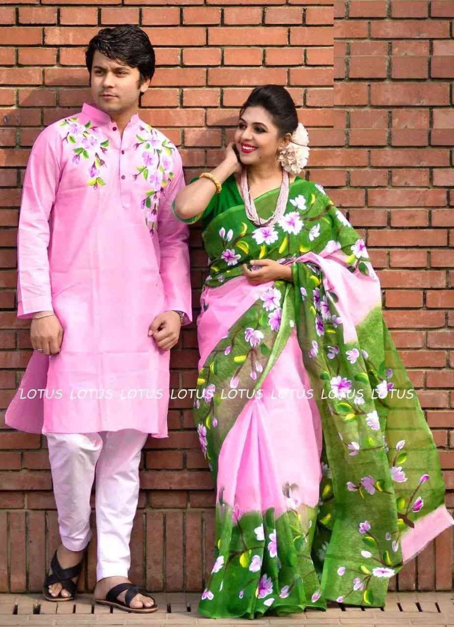 হ্যান্ড প্রিন্ট কাপল সেট – হাফ সিল্ক শাড়ি ও ধুপিয়ান সিল্ক পাঞ্জাবি