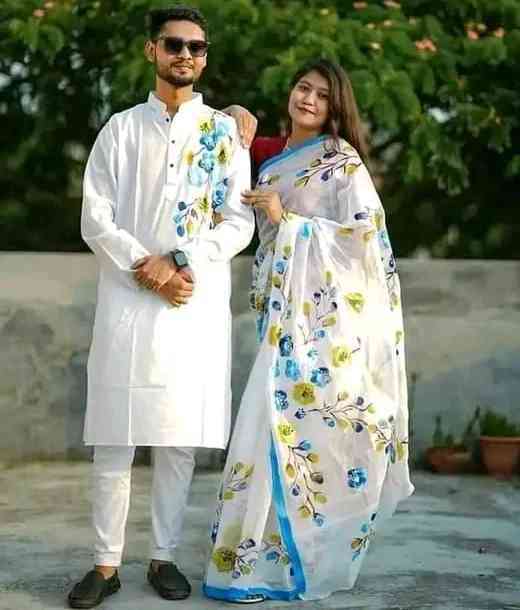হাফ সিল্ক শাড়ি ও ধুপিয়ান সিল্ক পাঞ্জাবি কাপল সেট | হ্যান্ড প্রিন্ট তুলি কাজ