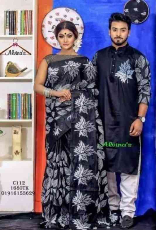 শাড়ি পাঞ্জাবি কাপল সেট | প্রিমিয়াম হাফ সিল্ক শাড়ি ও ধুপিয়ান সিল্ক পাঞ্জাবি