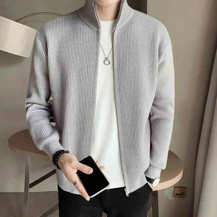 Men's Premium Rib Jacket White – Full Zipper Cotton Jacket for Men