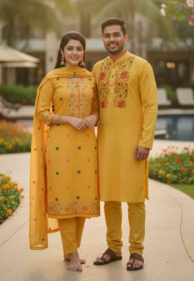 Premium Tangail Sharee Panjabi Couple Set with Koti – শাড়ি পাঞ্জাবি কাপল সেট