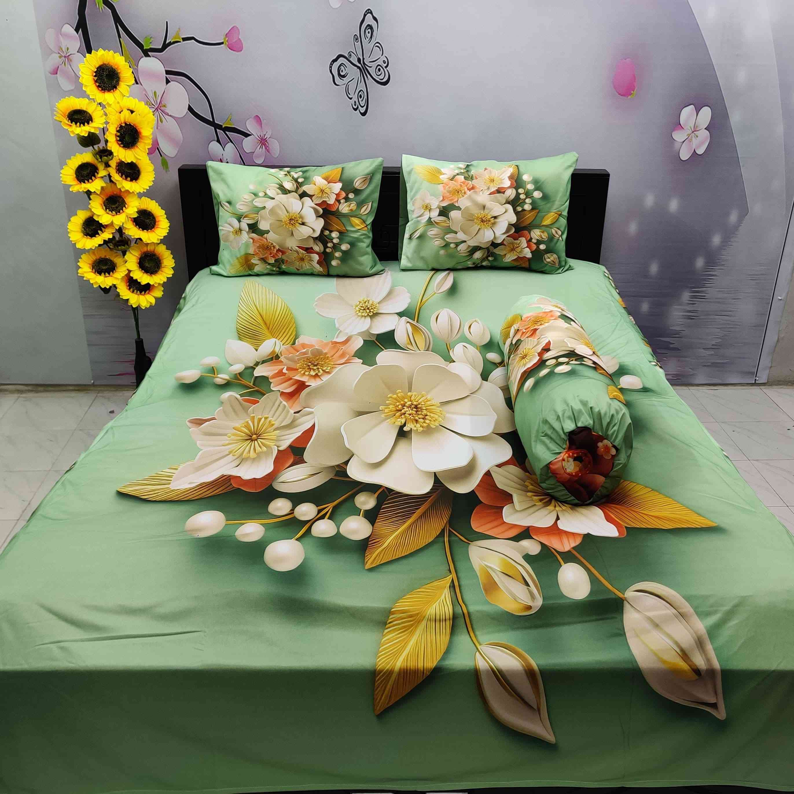 Premium 3D Printed King Size Bedsheet 4 Pcs Combo – চেরি কটন 3D বেডশিট সেট