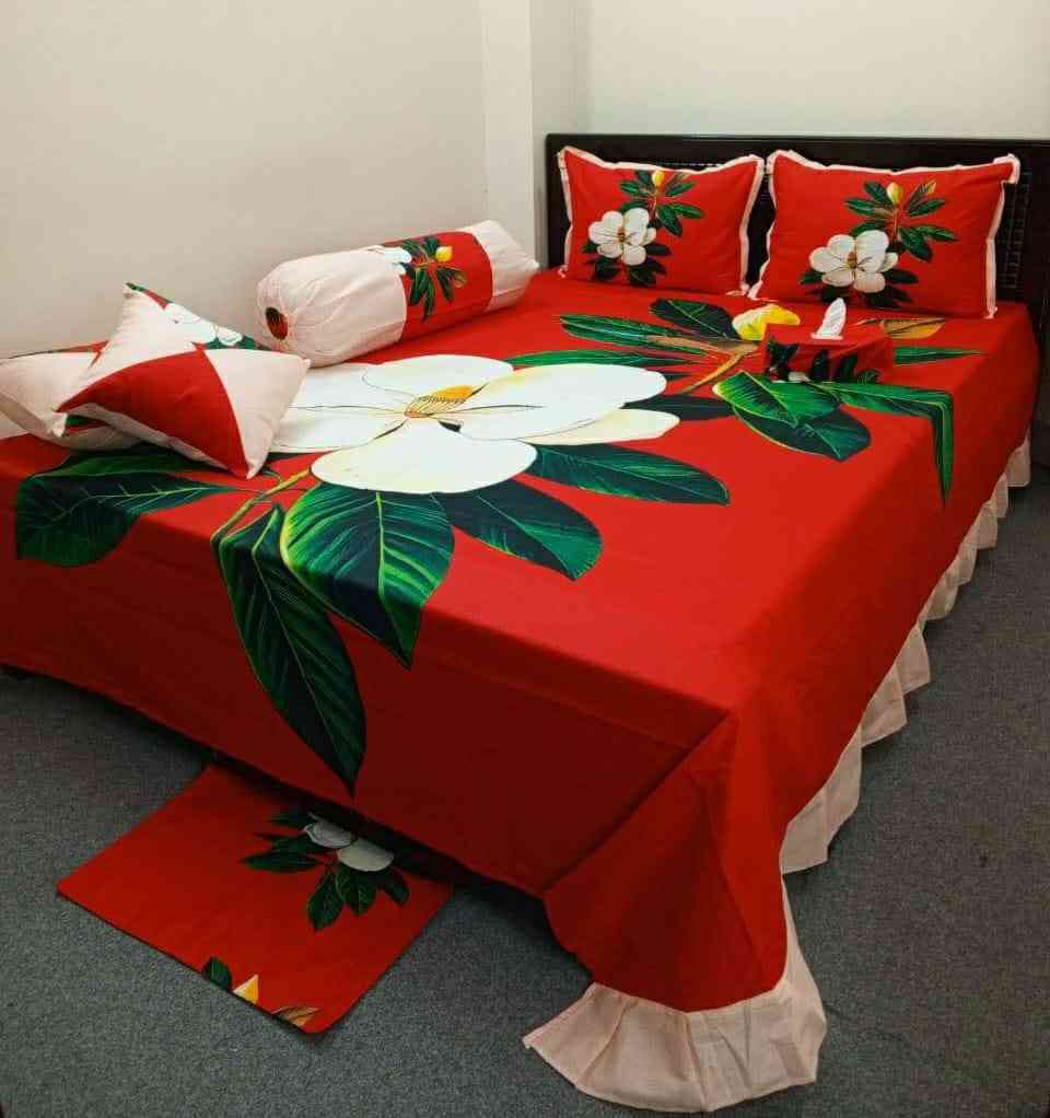 Premium Cotton Design Bedsheet 8 Pcs Set – কিং সাইজ ১০০% সুতি ডিজাইন বেডশীট সেট